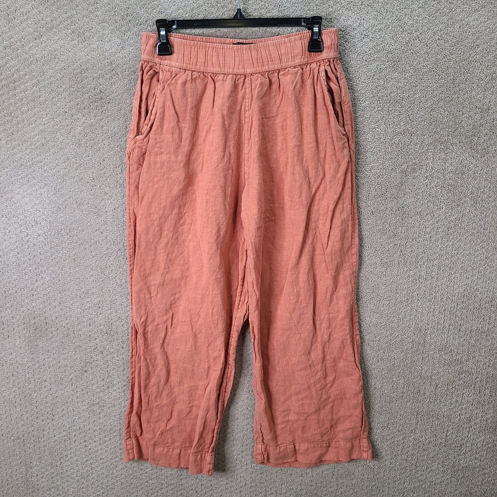 Tahari Pants Womens Medium Coral Pink Linen Elastic Waist Crop Casual Relaxed